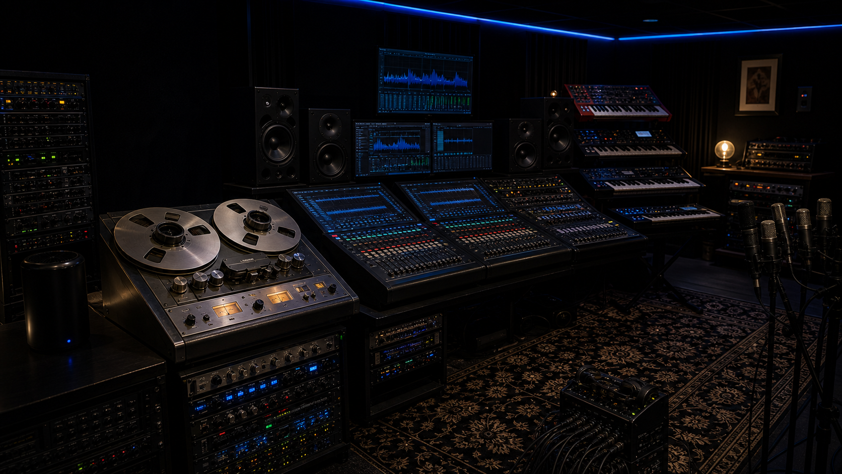 Low-lit studio equipment room with reel-to-reel tape, racks, and control-room gear