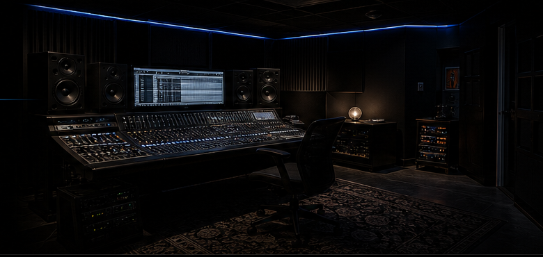Dark private studio control room with console, rug, racks, and a small lamp