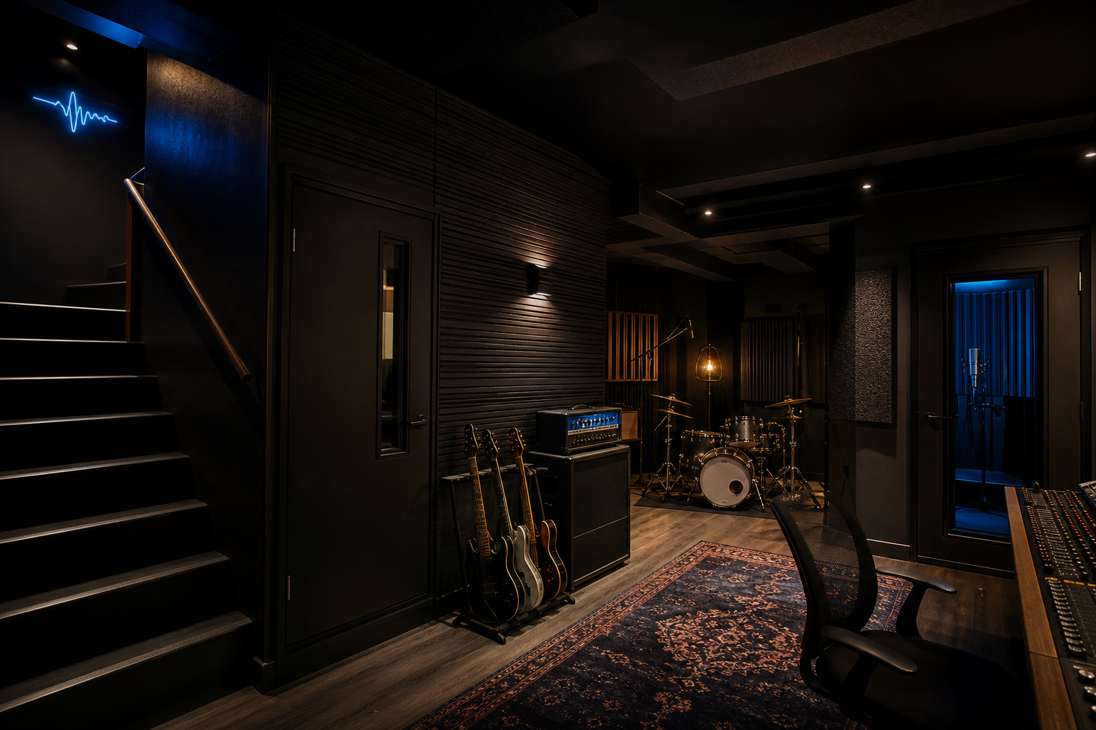 Low-lit private studio live room with rug, lamp, and instruments